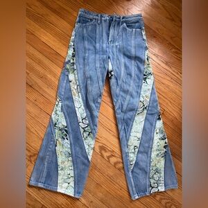 sydney x Jaded London Blue Denim Wide-Leg Jeans with Green Marble Inset Panels